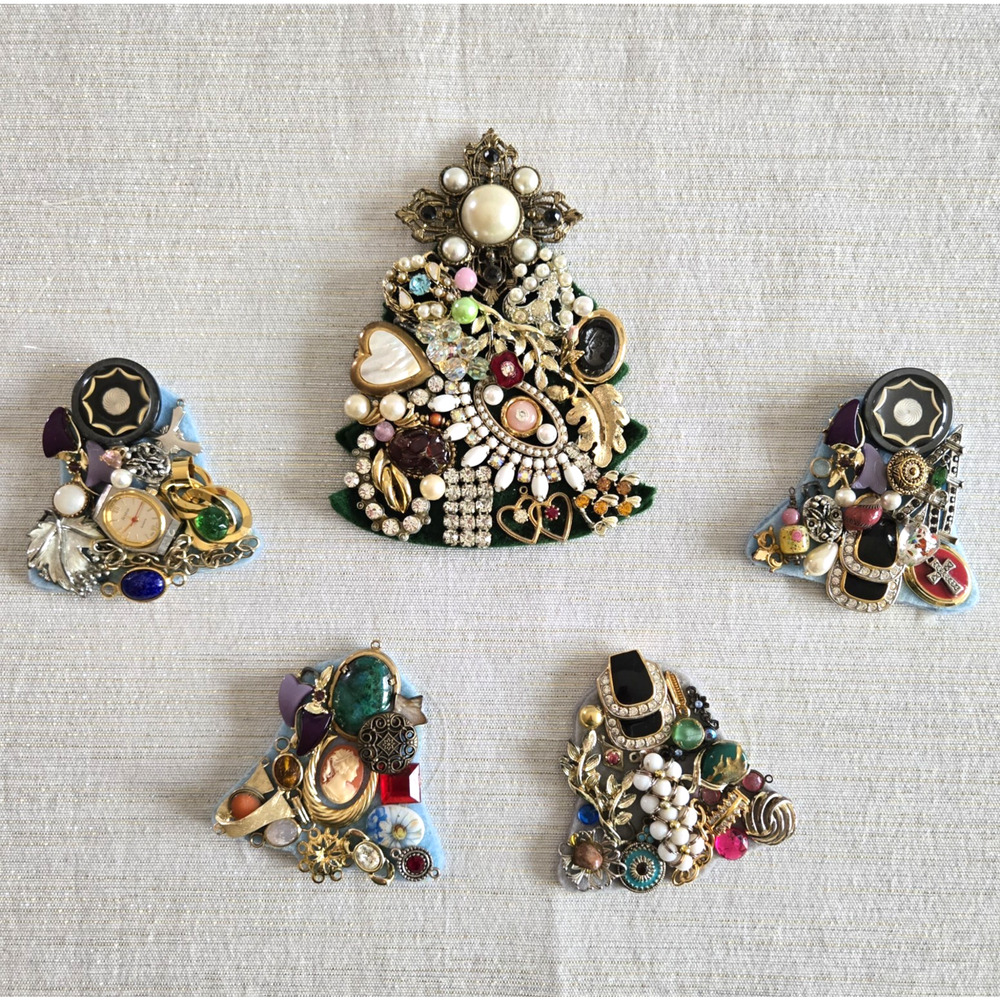 Vintage Jewelry Christmas Tree Ornaments Handmade Holiday Art One Of A Kind 5ct